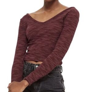 Topshop thermal knit double V long sleeve striped crop top‎ size 6
